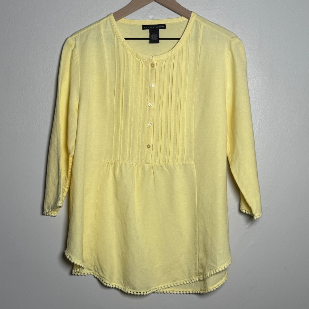 Grace‎ Elements Womens Linen Top L Butter Yellow Pleated Vacation Resort